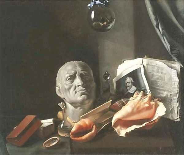 A Vanitas still-life with a bust, seashells, books, and glass flasks Oil Painting by Dutch School