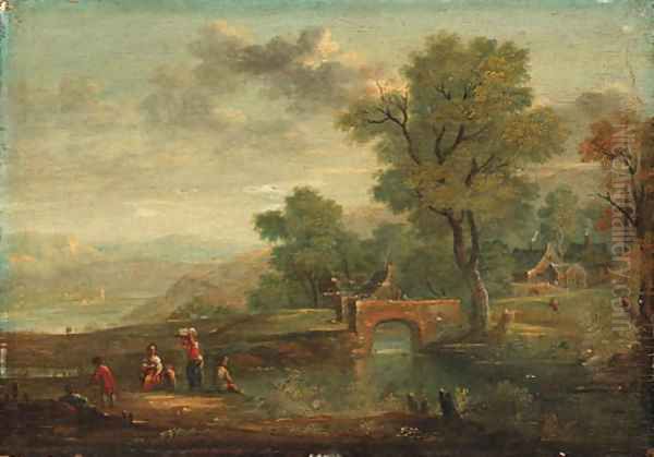 A Village and Villagers by a River Oil Painting by Dutch School