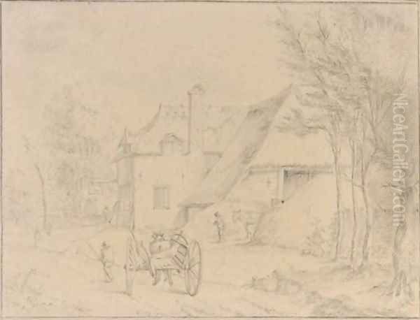 A village view with a peasant by a horse-drawn carriage Oil Painting by Dutch School