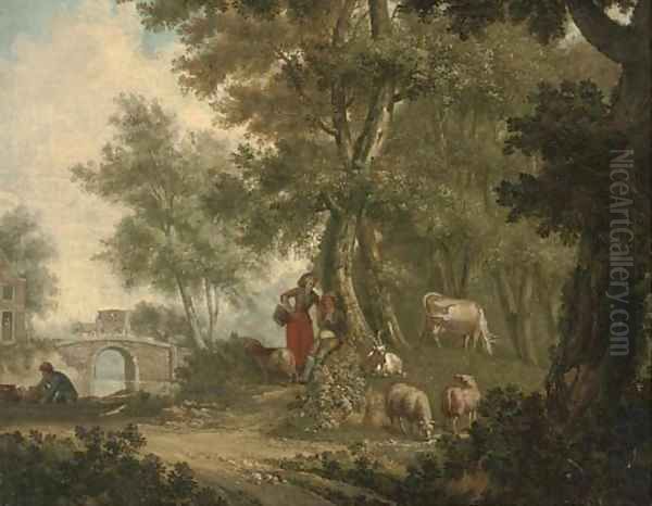 A wooded river landscape with a shepherd and shepherdess resting under a tree with their flock Oil Painting by Dutch School