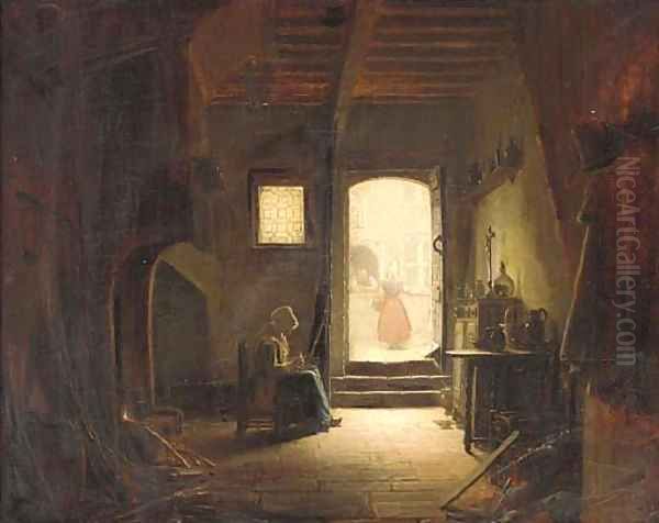 A young girl working in an interior Oil Painting by Dutch School