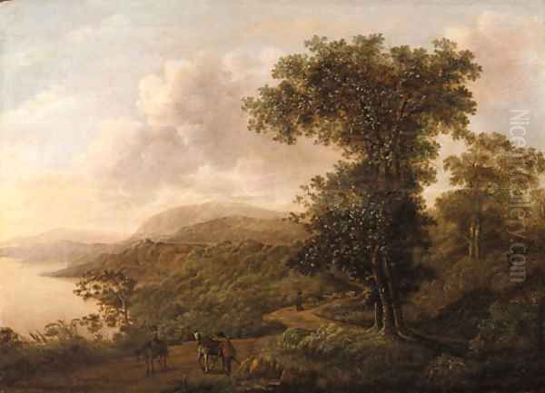 An extensive mountainous river Landscape with Horsemen and a Shepherd on a Track in the foreground Oil Painting by Dutch School