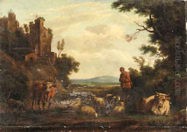 An Italianate river Landscape with a Drover Oil Painting by Dutch School