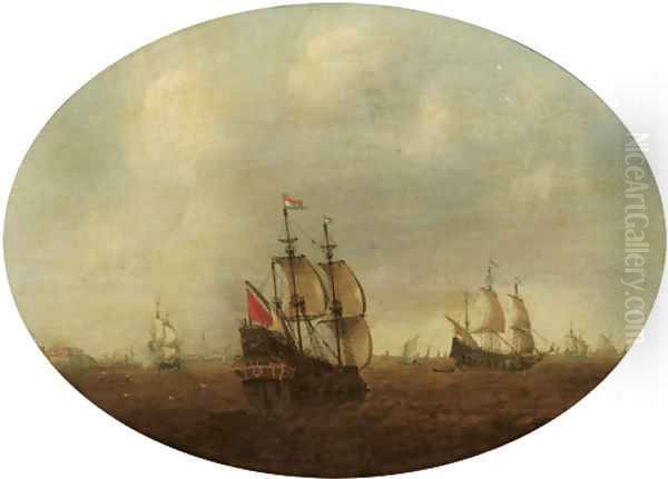 Dutch men o' war in choppy waters, a fortified town and church in the distance Oil Painting by Dutch School