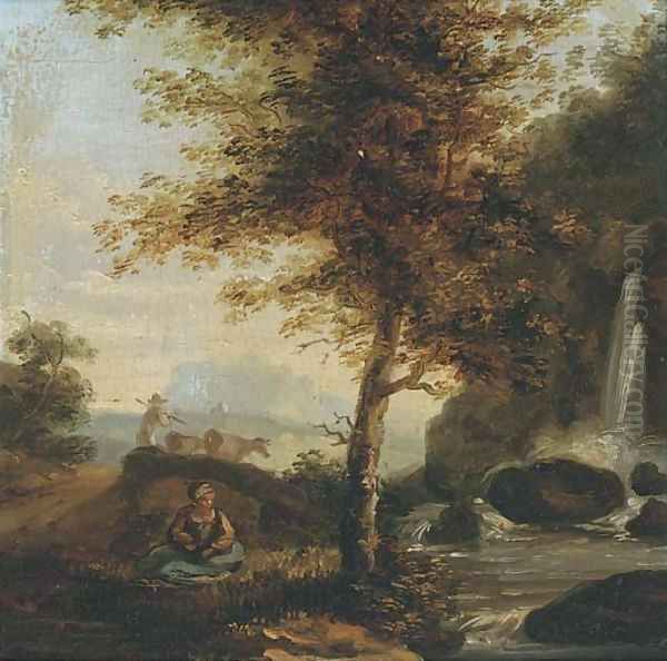 Figure by a waterfall with a drover and cattle beyond Oil Painting by Dutch School