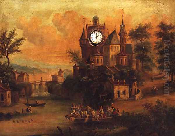 Figures On A Ferry With A Chateau Beyond, A Clock Picture Oil Painting by Dutch School