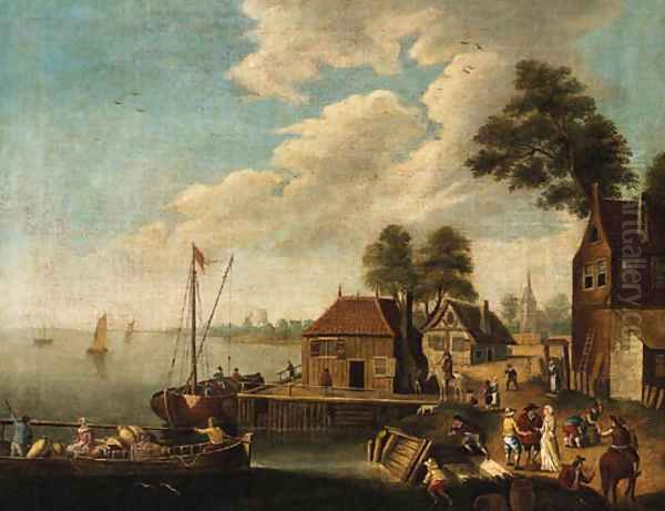 Figures on a Quayside in a River Estuary Oil Painting by Dutch School