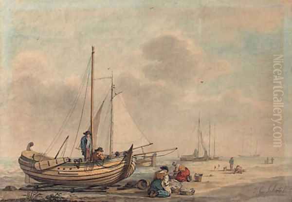 Fisherfolk with their boats on the beach Oil Painting by Dutch School