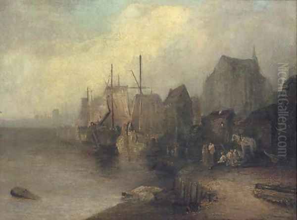 Fishing vessels moored off a coastal town Oil Painting by Dutch School