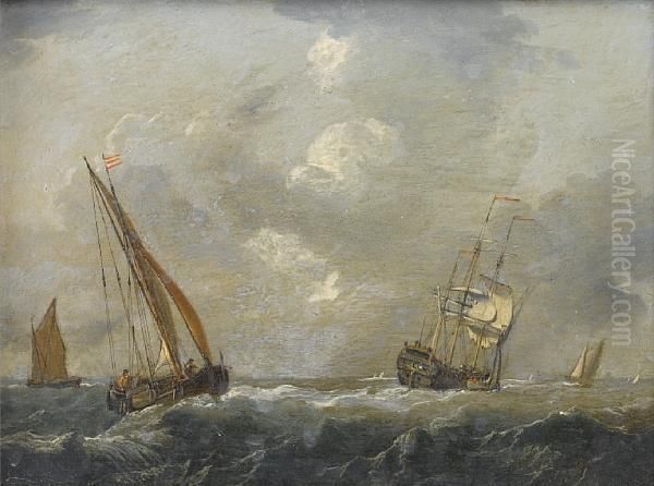 An English Frigate Hove-to And 
Wallowing Inheavy Seas, With Small Craft, Including A Dutch Hoy, Nearby Oil Painting by Francis Swaine