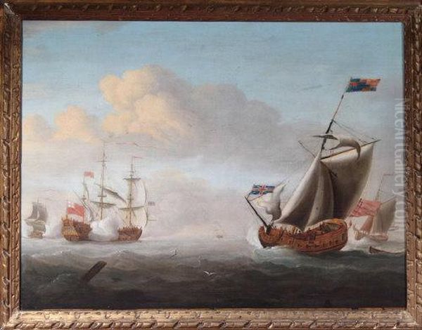 The Flagship Of A Rear-admiral Of The Red Saluting A Yacht Oil Painting by Francis Swaine