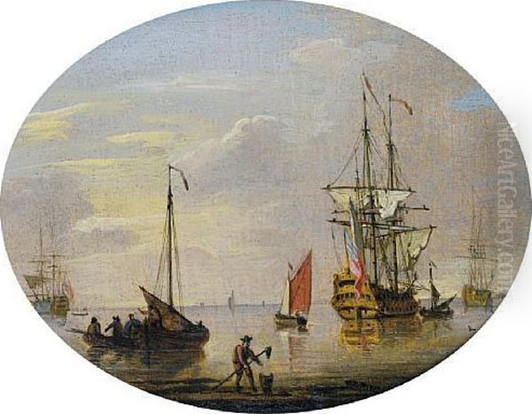 An English Frigate Anchored 
Offshore In A Calmand Drying Her Sails, With Small Craft Nearby Oil Painting by Francis Swaine