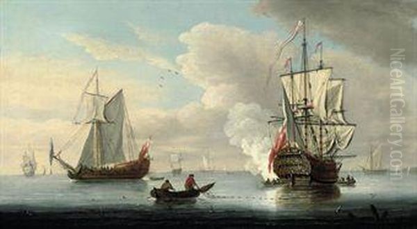 A Flagship Firing A Salute To Signal The Arrival Of The Fleet At The Anchorage Oil Painting by Francis Swaine