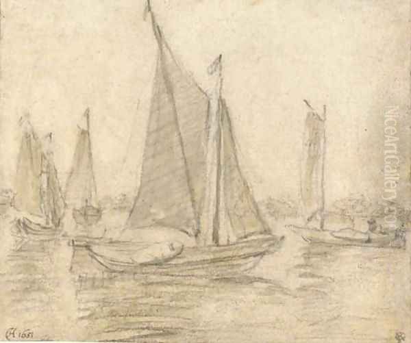 Four sailing boats on a broad river Oil Painting by Dutch School