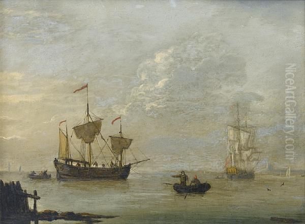 A Coastal Trader Anchored Offshore In A Calm Oil Painting by Francis Swaine