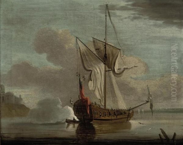 An Admiralty Yacht Firing A Salute Off Upnor Castle On Themedway Oil Painting by Francis Swaine