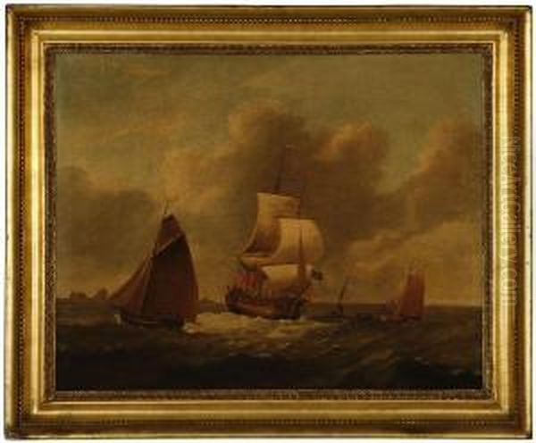 A British Man O' War Being Towed To Anchor Off Port Oil Painting by Francis Swaine