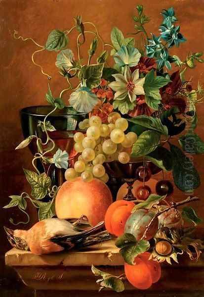 Fruits and flowers on a ledge Oil Painting by Dutch School