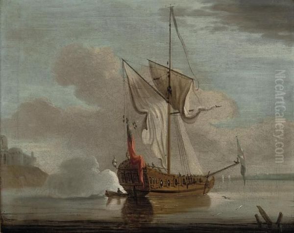 An Admiralty Yacht Firing A Salute Off Upnor Castle On The Medway Oil Painting by Francis Swaine