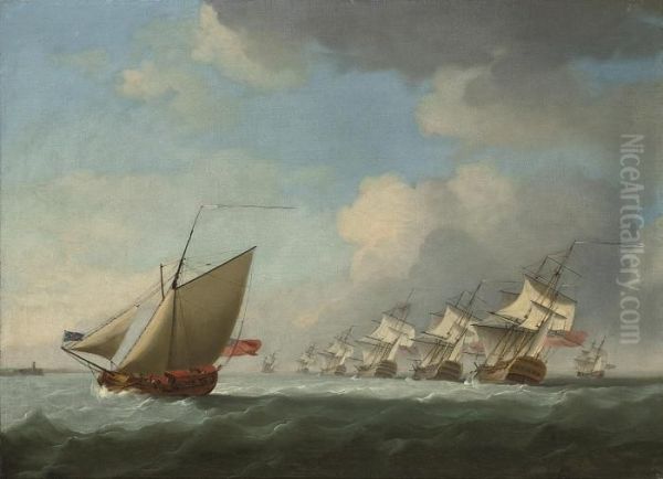 A Squadron Of The Red Beating Its Way Up The Channel With An Admiralty Yacht Inshore Oil Painting by Francis Swaine