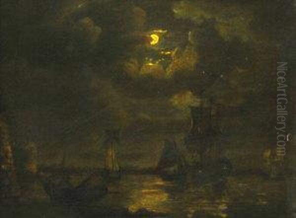 A Man O'war Being Unloaded In A Fortified Harbour Under The Cover Of A Smugglers Moon Oil Painting by Francis Swaine