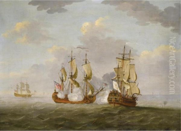 An Action Between English And French Vessels Oil Painting by Francis Swaine