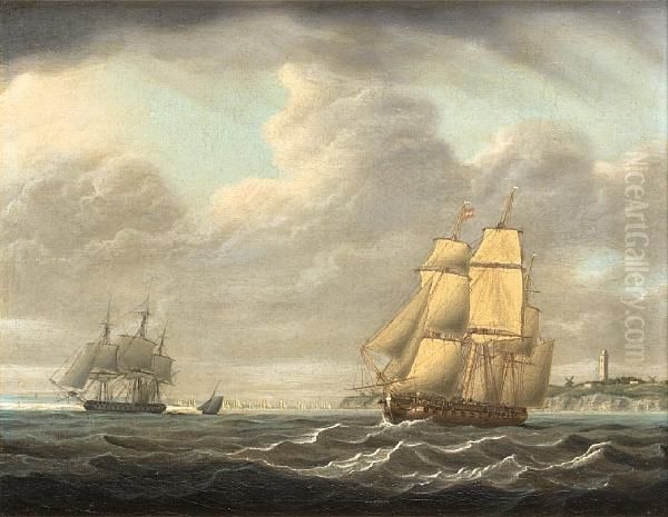 A Frigate Running Down The Coast With Other Shipping Beyond Oil Painting by Francis Swaine