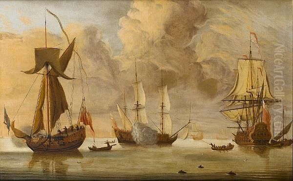 English Shipping In A Calm Oil Painting by Francis Swaine