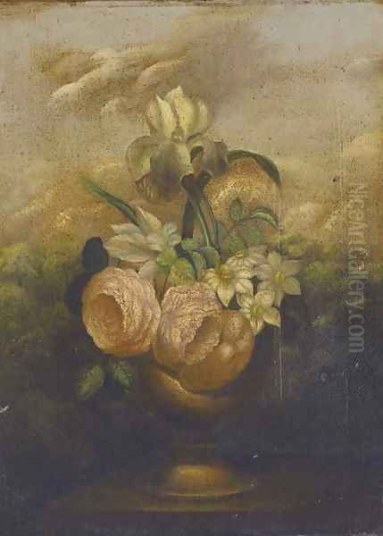 Irises, roses and narcissae in an urn on a garden plinth; and Another similar Oil Painting by Dutch School