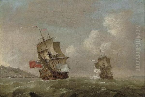 An English Warship Pursuing A Frenchman Up The Coast Oil Painting by Francis Swaine