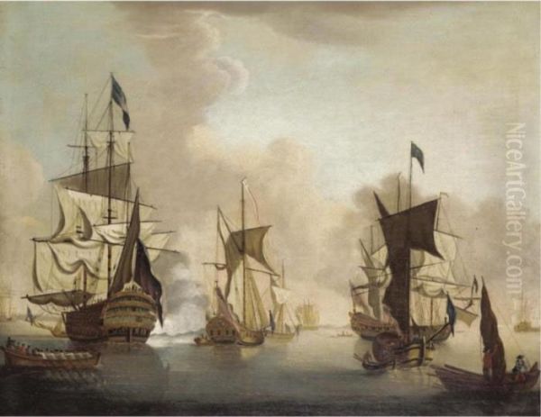 Men Of War At Anchor Oil Painting by Francis Swaine