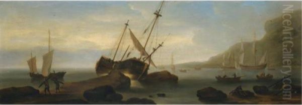 A Ship Run Aground Oil Painting by Francis Swaine