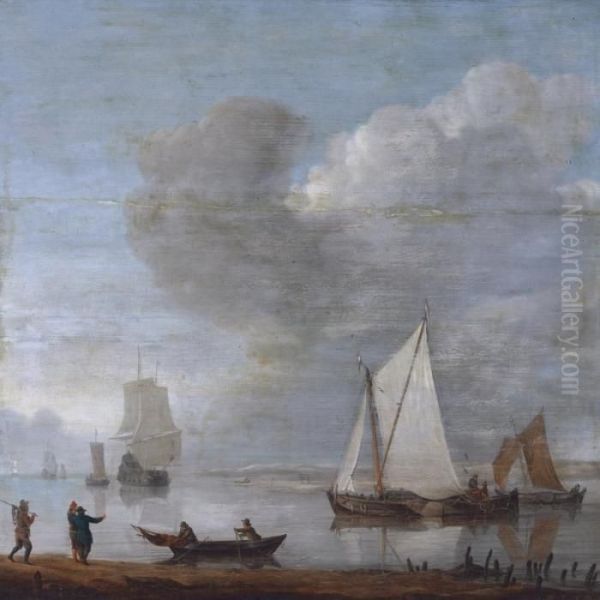 Dutch Shipping Moored In An Estuary Oil Painting by Francis Swaine