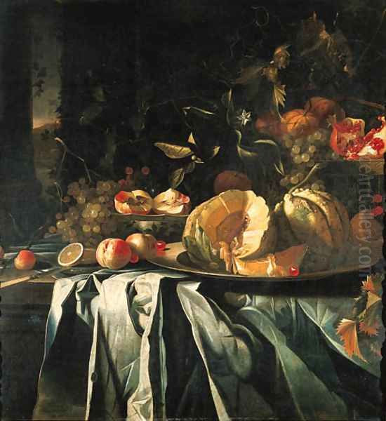 Melons and cherries on a silver platter Oil Painting by Dutch School