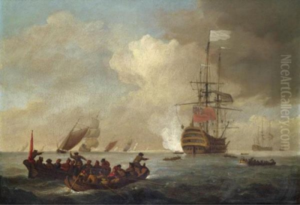 A Man-of-war Firing A Salute Oil Painting by Francis Swaine