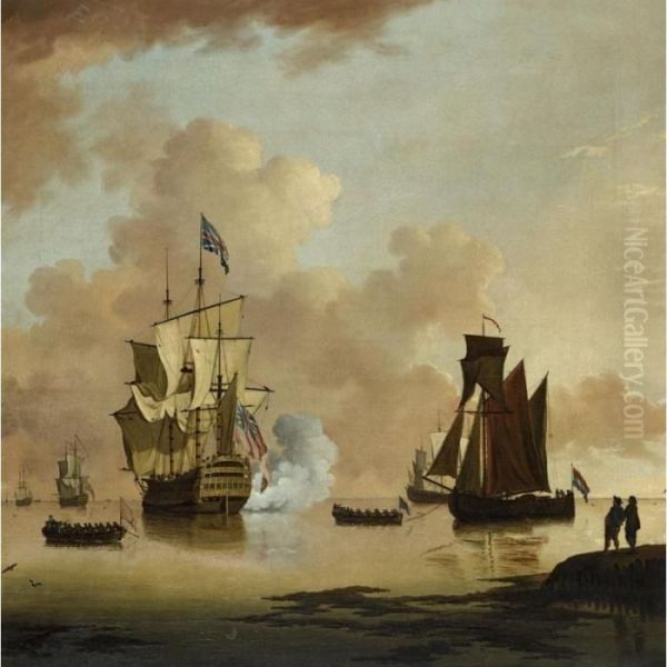 A British Man Of War Firing A Salute, With A Dutch Barge Off The Coast Oil Painting by Francis Swaine