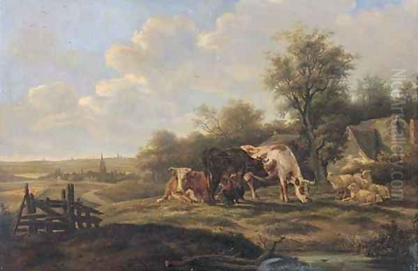 Milking cows in a landscape, with a town beyond Oil Painting by Dutch School