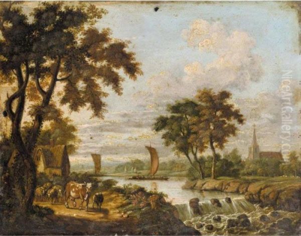 Cattle And Sheep In A River Landscape Oil Painting by Francis Swaine