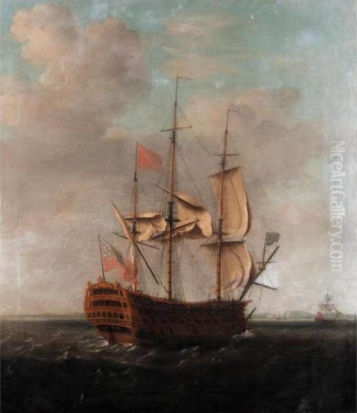 An English Man Of War Off The Coast Preparing To Anchor Oil Painting by Francis Swaine