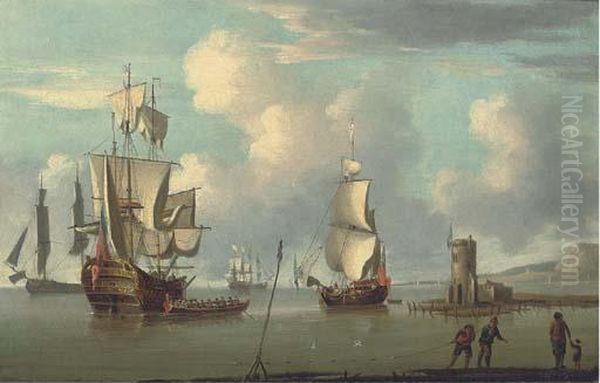 A Ship's Launch Containing Visitors Pulling Away From The Side Ofan Oil Painting by Francis Swaine