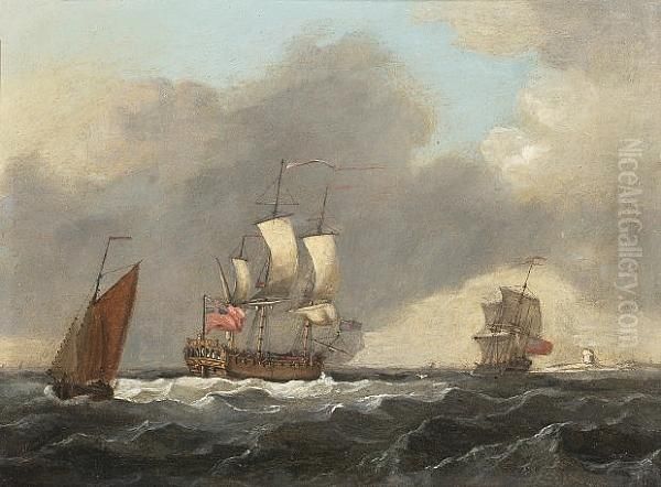 A Sixth Rate Running Up The Channel Off The Old Dungeness Lighthouse Oil Painting by Francis Swaine