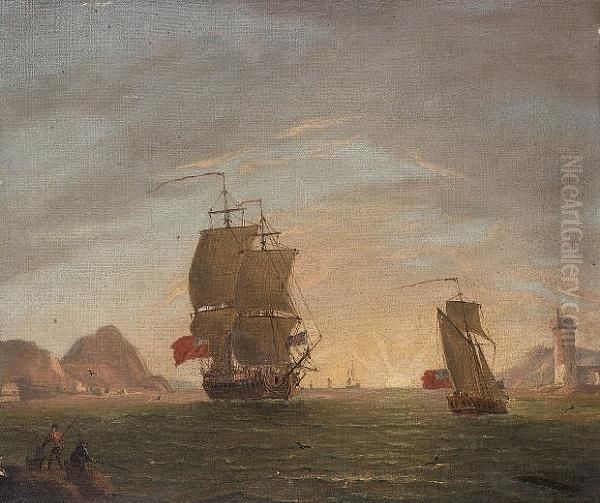 An English Frigate Arriving In A Bay With An Official Yacht Ahead Of Her Oil Painting by Francis Swaine