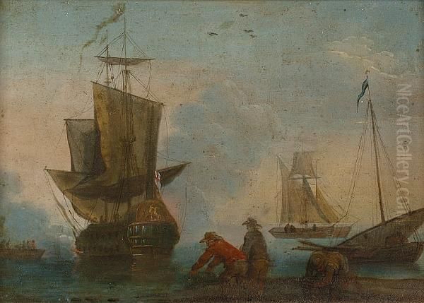 Fishermen With Their Nets On The Shoreline , A Man O' War And Other Shipping Beyond by Francis Swaine