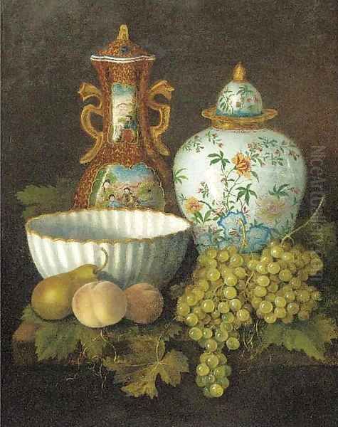 Peaches, grapes, a pear, a porcelain bowl and oriental vases on a plinth Oil Painting by Dutch School