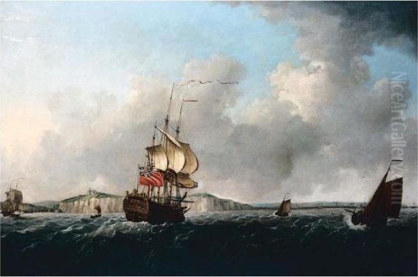 A Flagship Running Through The Straits Past Dover Oil Painting by Francis Swaine