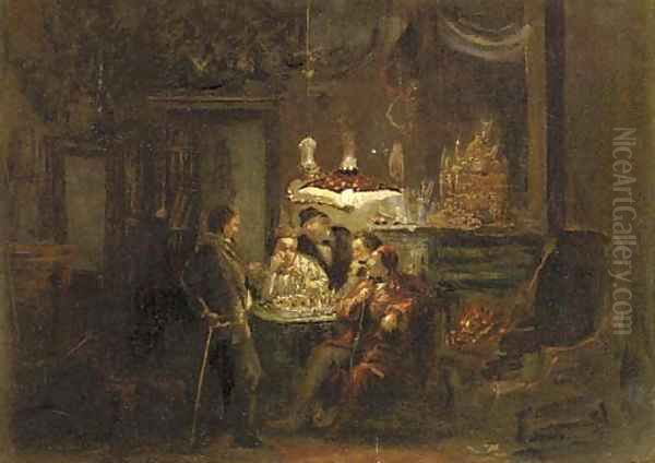 Playing chess by lamplight Oil Painting by Dutch School