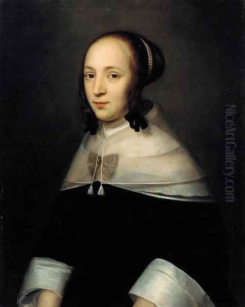 Portrait of a lady, half-length, in a black dress with white sleeves Oil Painting by Dutch School