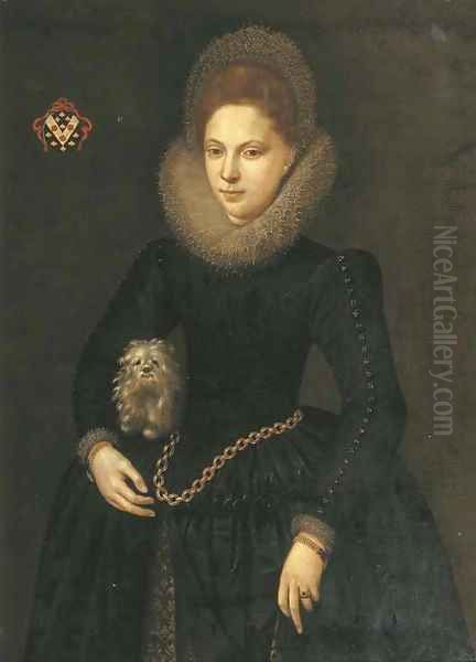 Portrait of a lady, three-quarter-length, in a black silk dress with a white lace collar Oil Painting by Dutch School