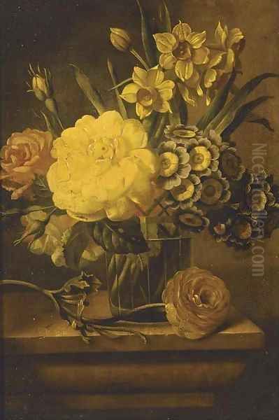 Roses, narcissae and auriculas in a vase on a plinth Oil Painting by Dutch School