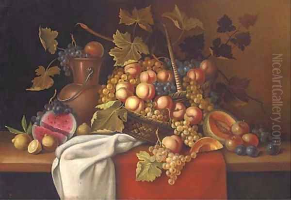 Still life of melons, plums, lemons, grapes and peaches in a basket, on a table Oil Painting by Dutch School